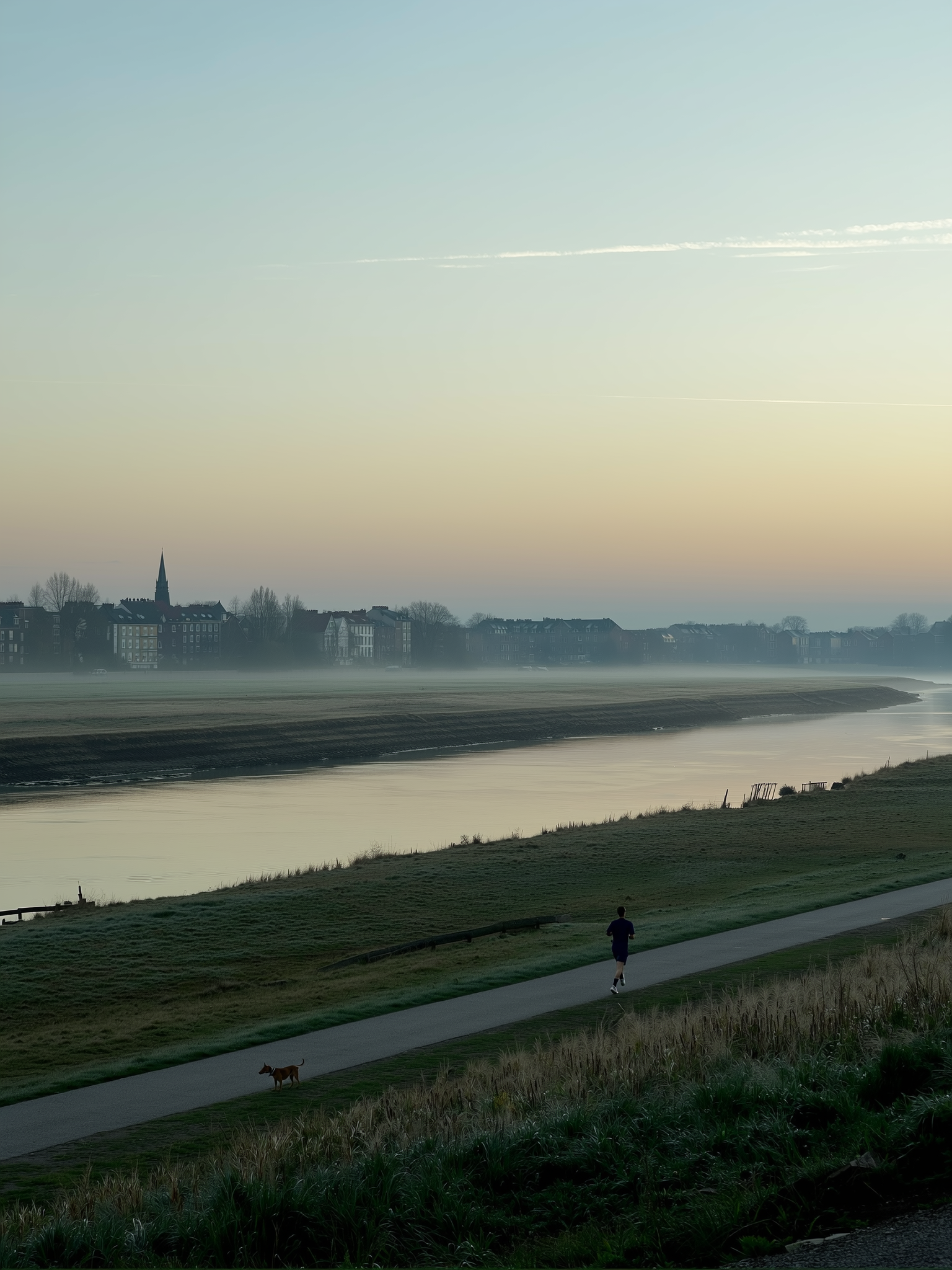 Hardloper met hond op het pad langs de rivier, in de ochtendnevel bij Nijmegen.