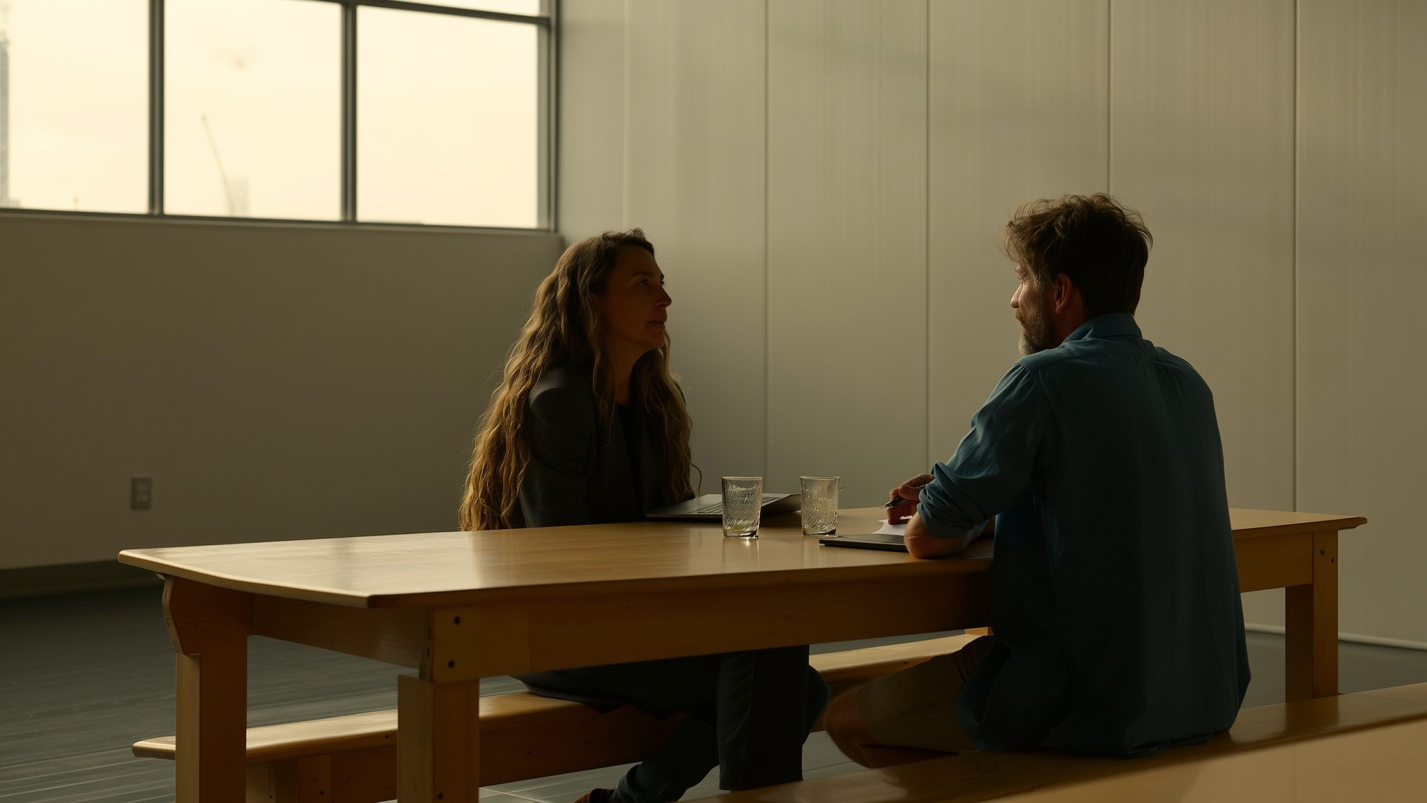 Kennismakingsgesprek tussen trainer en nieuwe klant aan tafel.